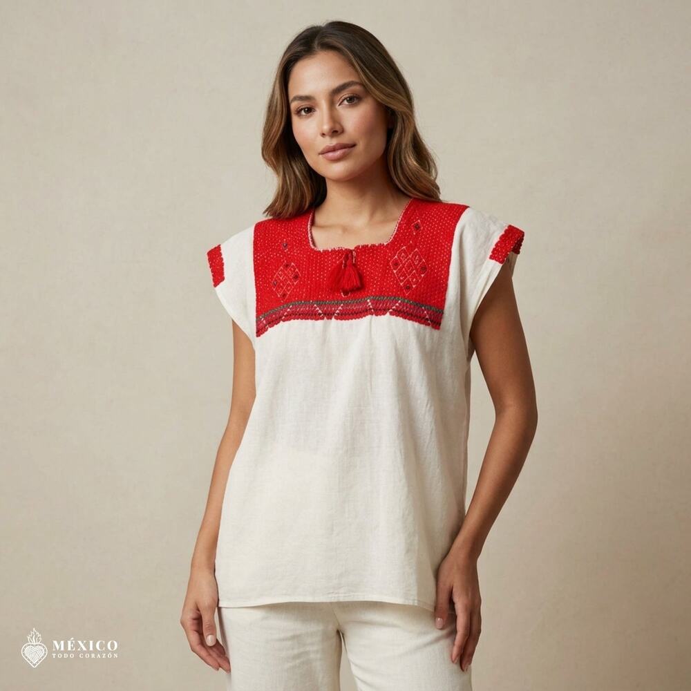 Traditional Mexican Huipil Blouse – Handmade Embroidered Manta Top